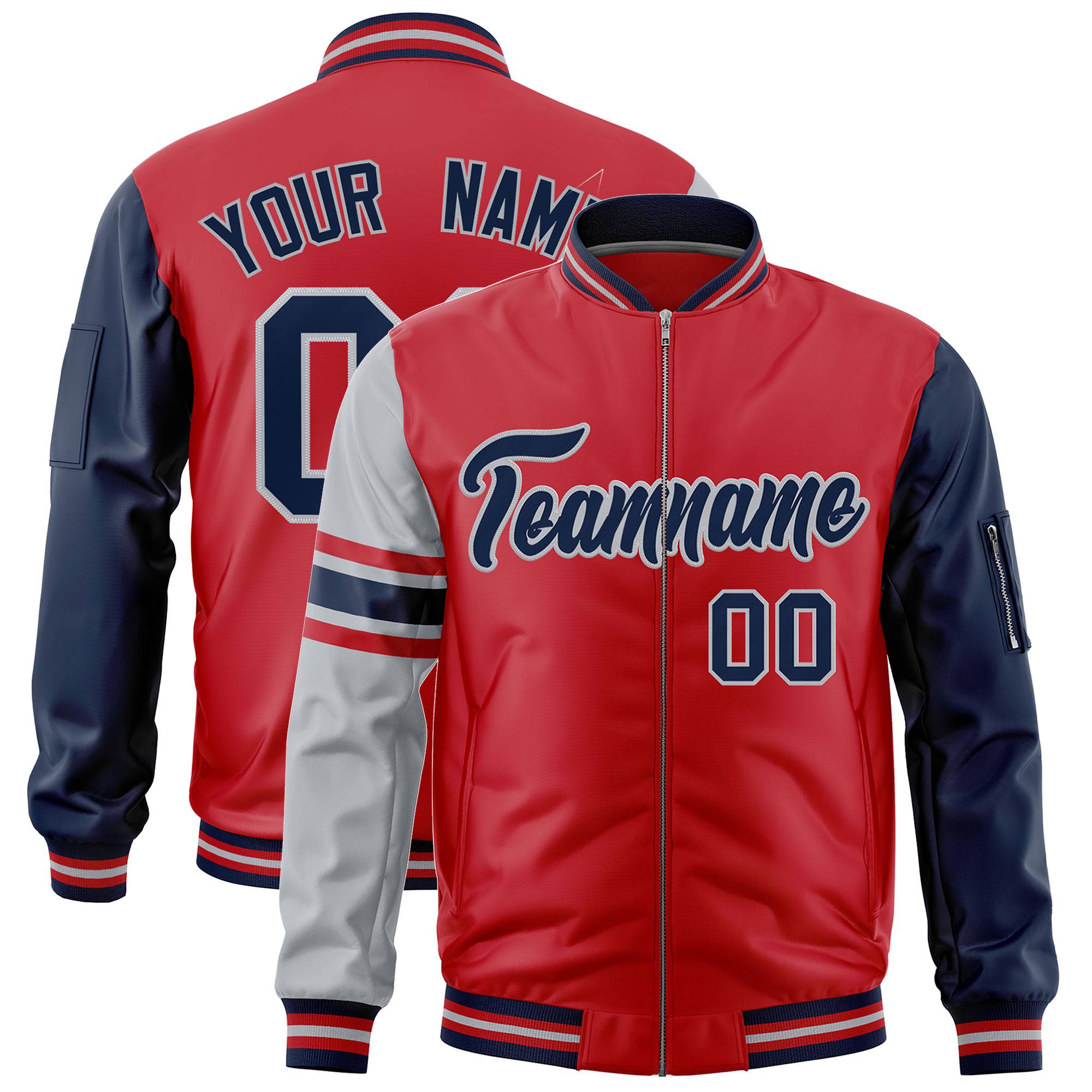 Custom Red Navy-Silver Varsity Full-Zip Raglan Sleeves Stripe Letterman Bomber Jacket