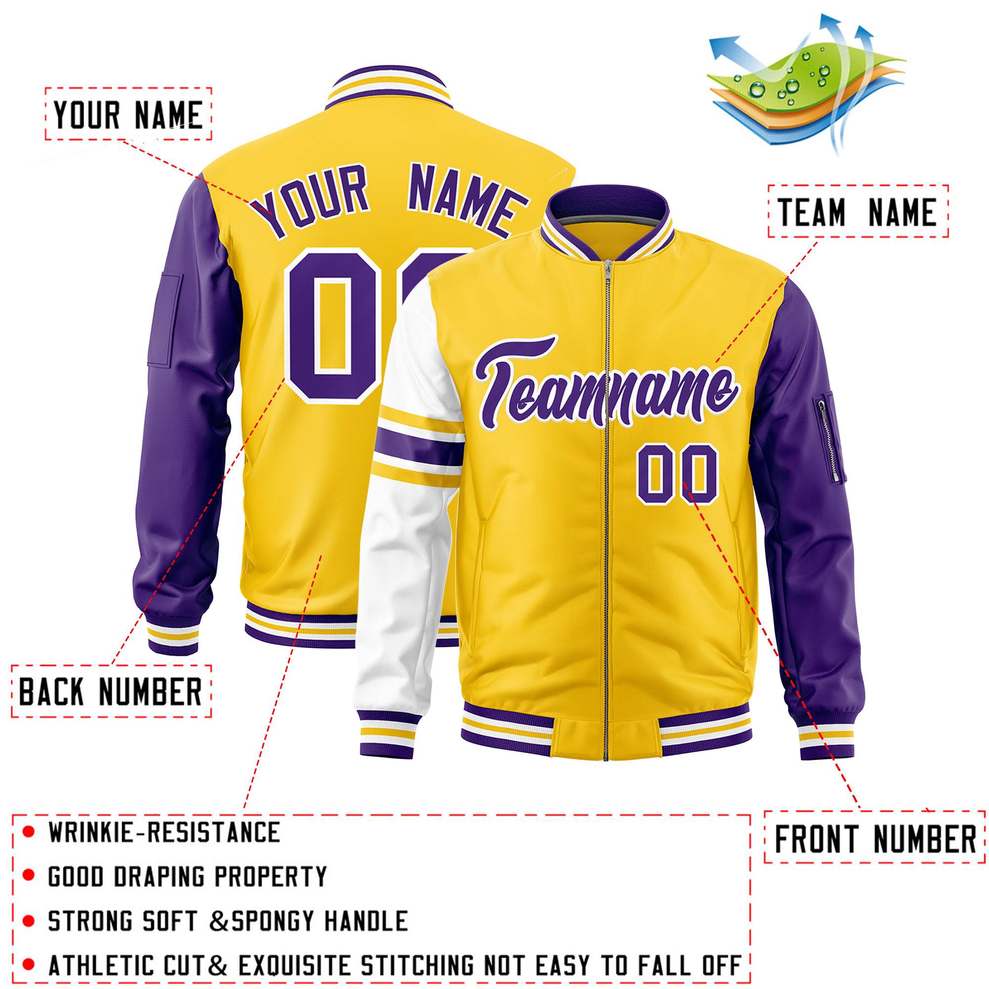 Custom Gold Purple-White Varsity Full-Zip Raglan Sleeves Stripe Letterman Bomber Jacket