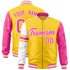 Custom Gold Pink-White Varsity Full-Zip Raglan Sleeves Stripe Letterman Bomber Jacket