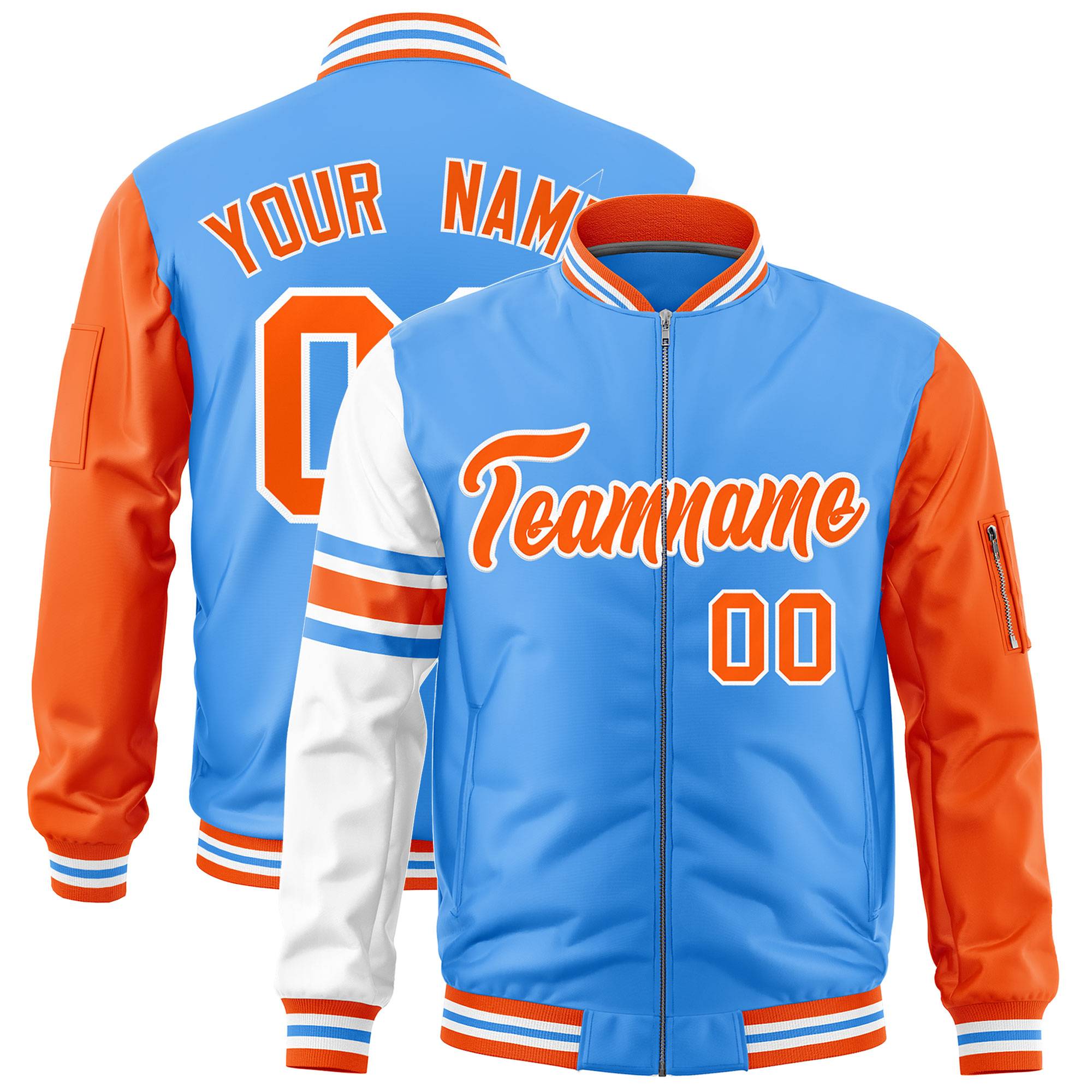 Custom Powder Blue Orange-White Varsity Full-Zip Raglan Sleeves Stripe Letterman Bomber Jacket