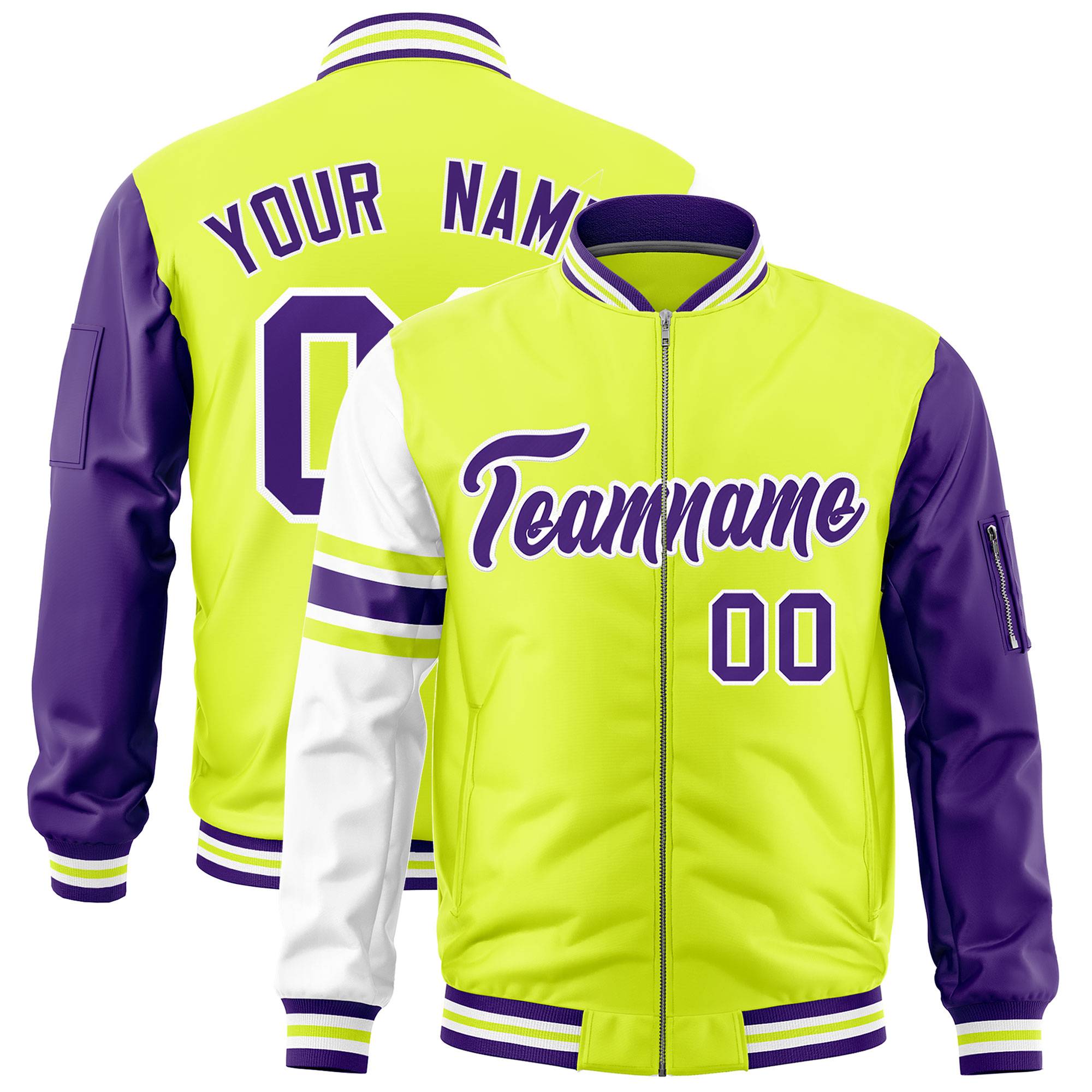 Custom Fluorescent Green Purple-White Varsity Full-Zip Raglan Sleeves Stripe Letterman Bomber Jacket