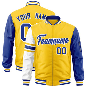 Custom Gold Royal-White Varsity Full-Zip Raglan Sleeves Stripe Letterman Bomber Jacket