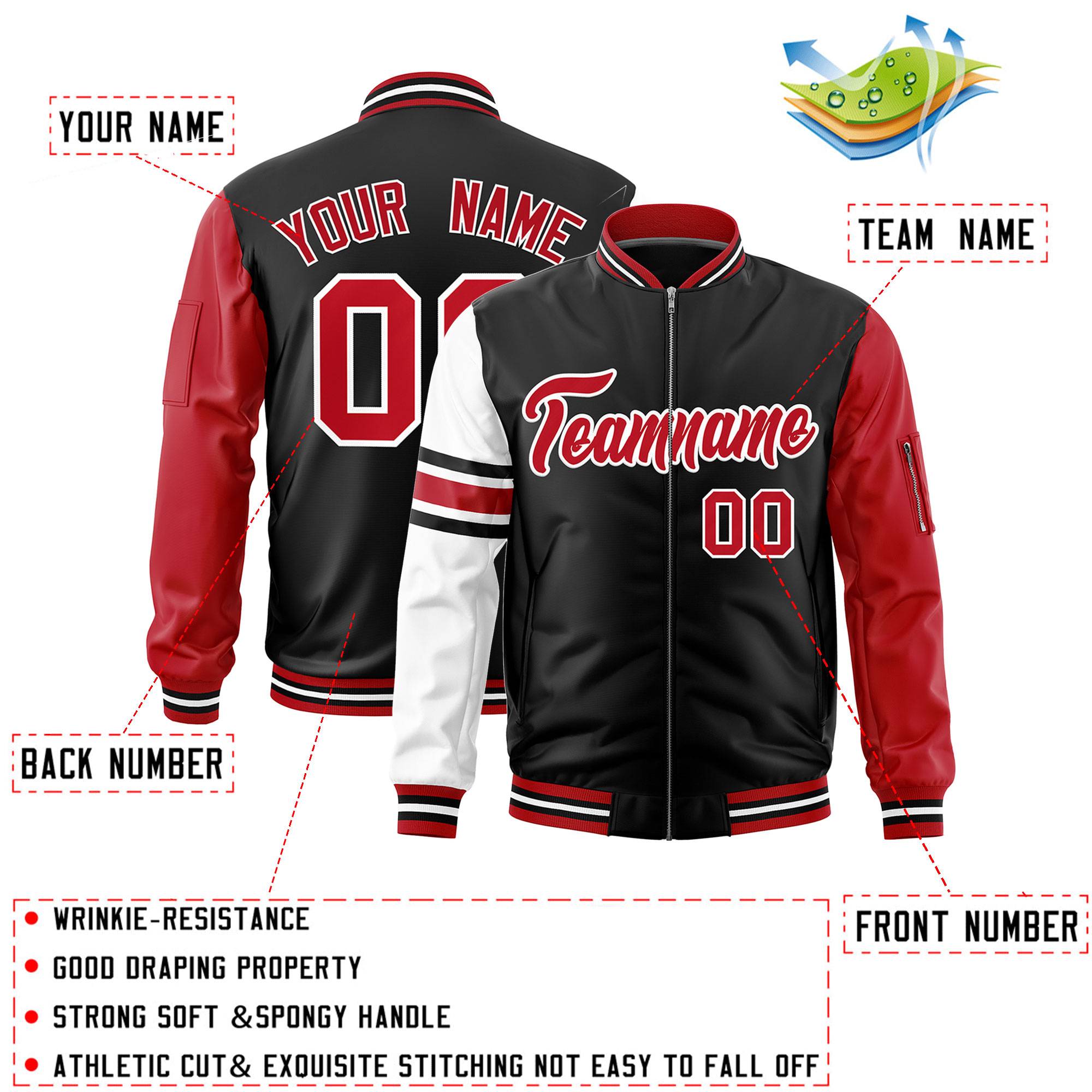 Custom Black Red-White Varsity Full-Zip Raglan Sleeves Stripe Letterman Bomber Jacket