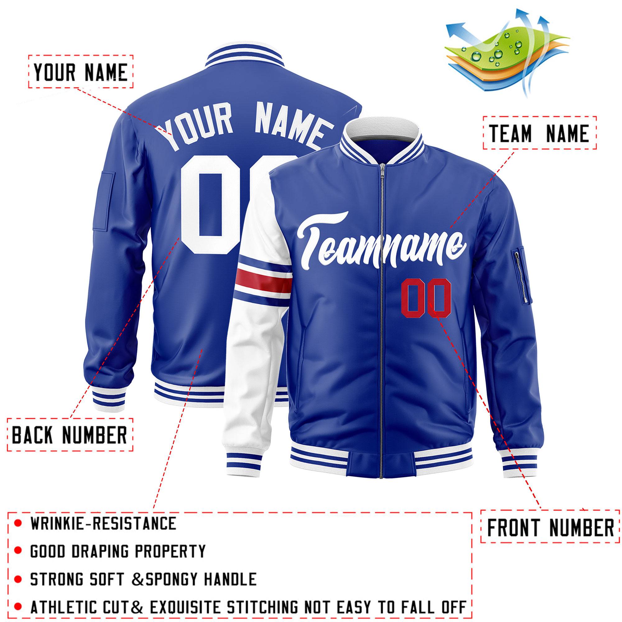 Custom Royal White Varsity Full-Zip Raglan Sleeves Stripe Letterman Bomber Jacket