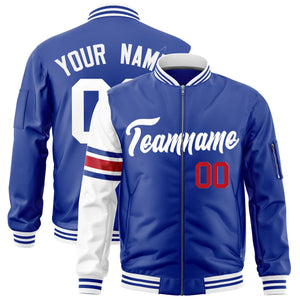 Custom Royal White Varsity Full-Zip Raglan Sleeves Stripe Letterman Bomber Jacket