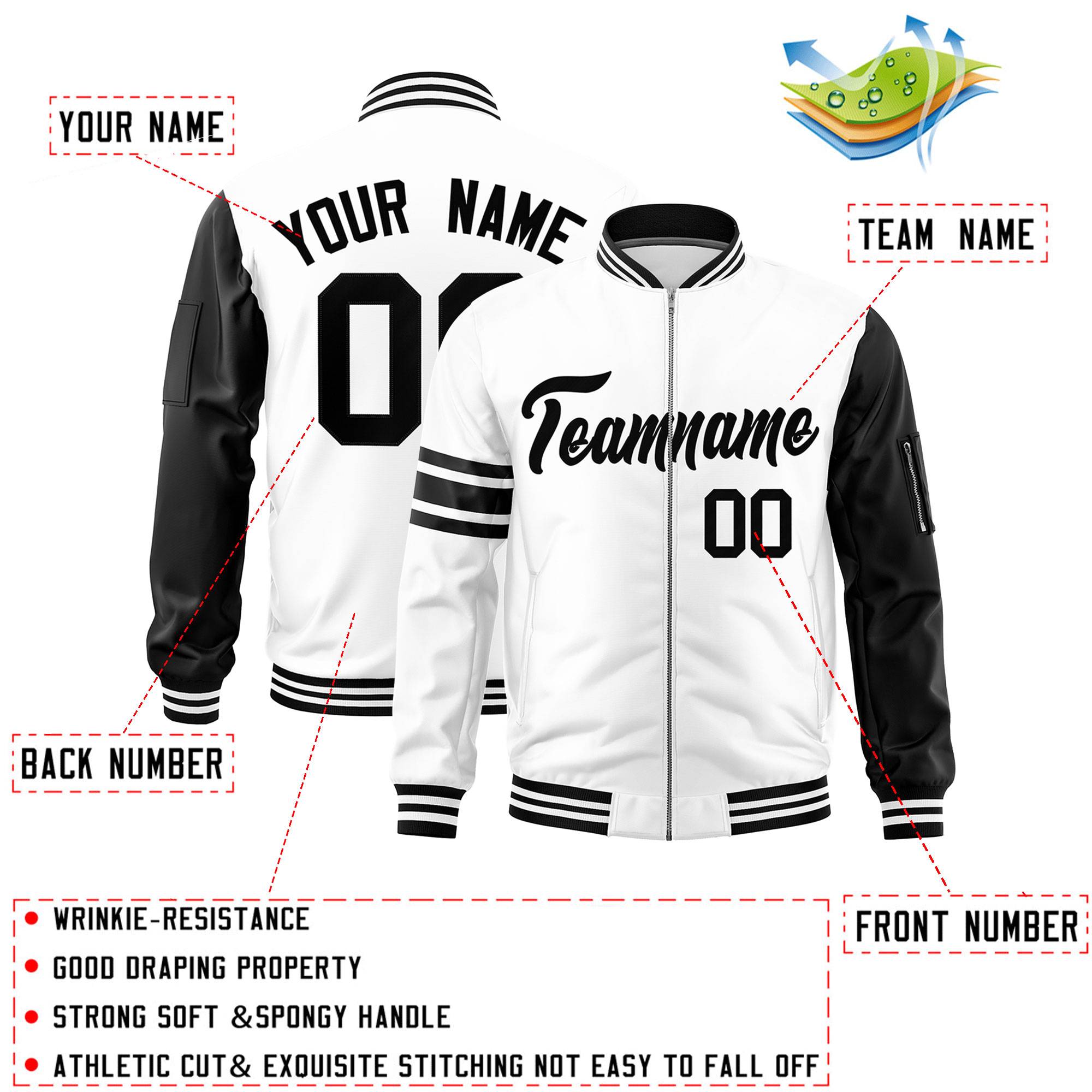 Custom White Black Varsity Full-Zip Raglan Sleeves Stripe Letterman Bomber Jacket