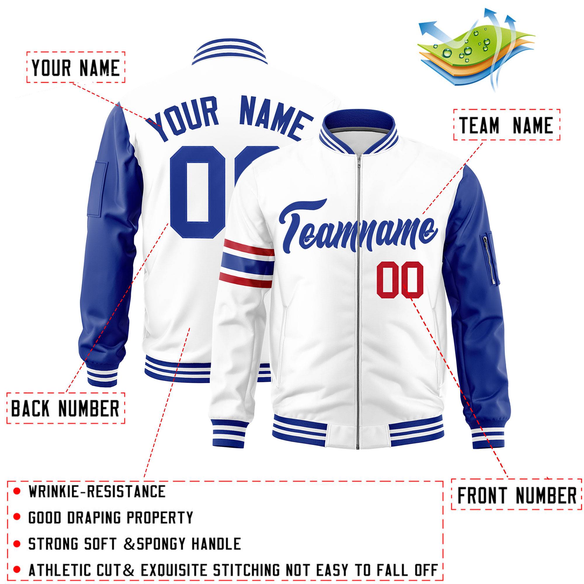 Custom White Royal Varsity Full-Zip Raglan Sleeves Stripe Letterman Bomber Jacket