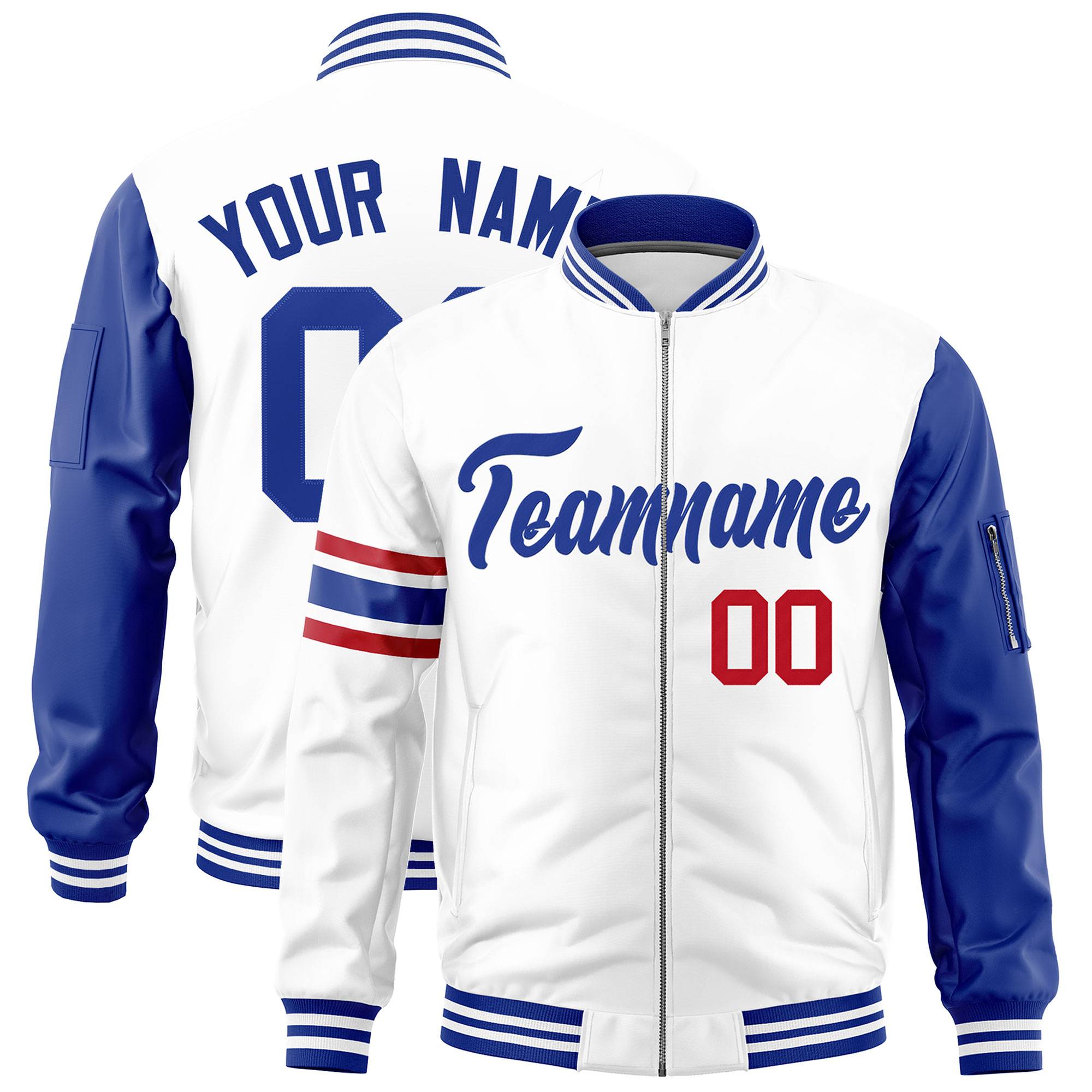 Custom White Royal Varsity Full-Zip Raglan Sleeves Stripe Letterman Bomber Jacket