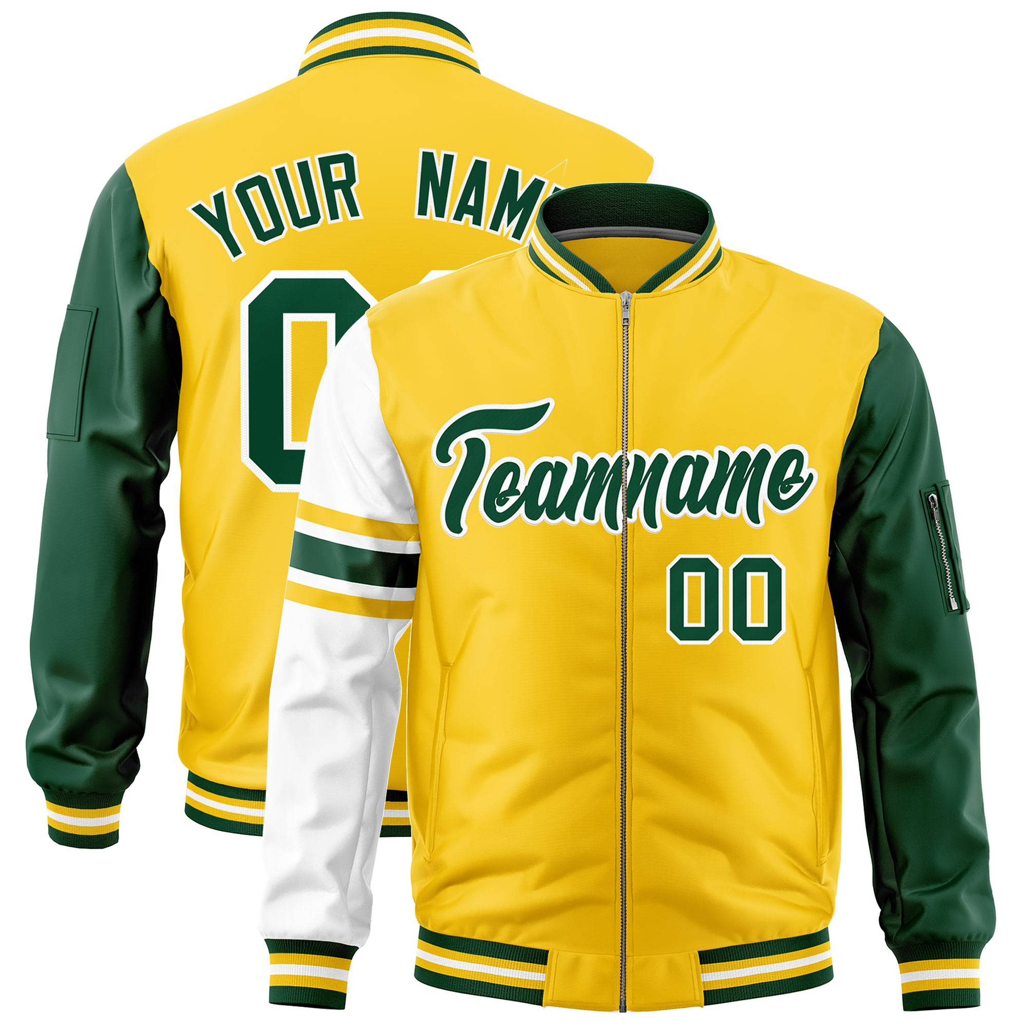 Custom Gold Green-White Varsity Full-Zip Raglan Sleeves Stripe Letterman Bomber Jacket