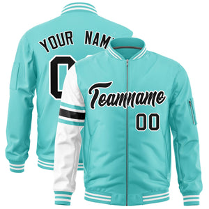 Custom Bright Green White Varsity Full-Zip Raglan Sleeves Stripe Letterman Bomber Jacket