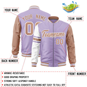 Custom Light Purple Coffee Brown-White Varsity Full-Zip Raglan Sleeves Stripe Letterman Bomber Jacket