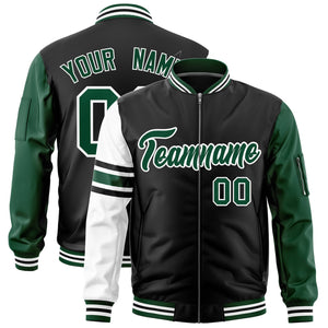 Custom Black Green-White Varsity Full-Zip Raglan Sleeves Stripe Letterman Bomber Jacket