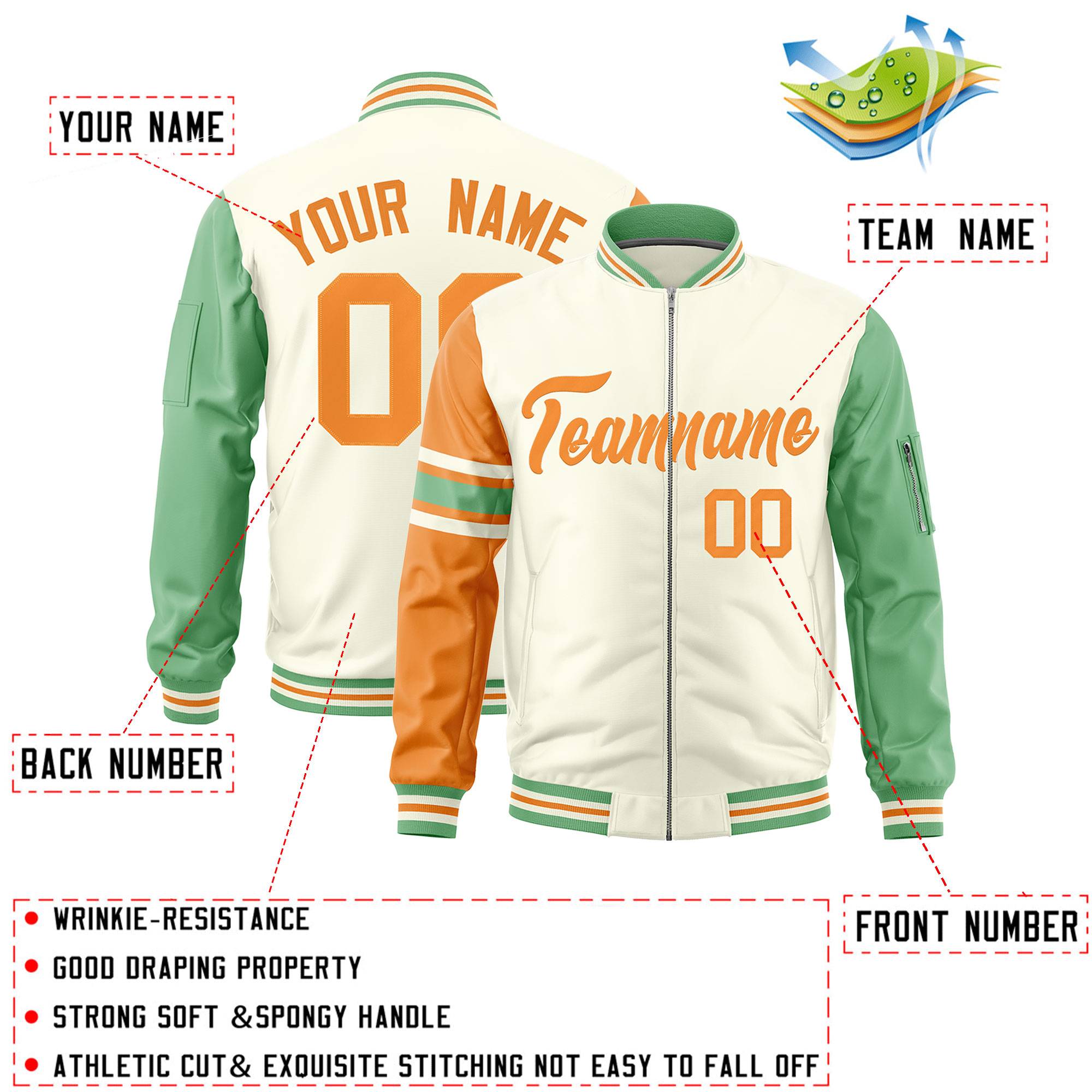 Custom Cream Orange-Green Varsity Full-Zip Raglan Sleeves Stripe Letterman Bomber Jacket