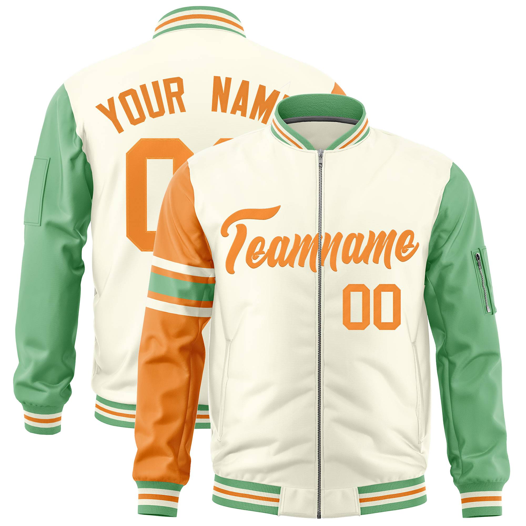 Custom Cream Orange-Green Varsity Full-Zip Raglan Sleeves Stripe Letterman Bomber Jacket