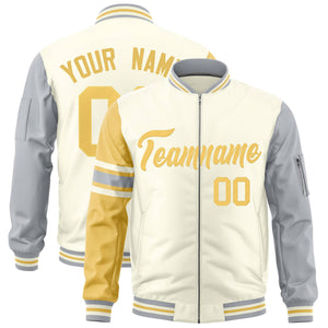 Custom Cream Khaki-Silver Varsity Full-Zip Raglan Sleeves Stripe Letterman Bomber Jacket