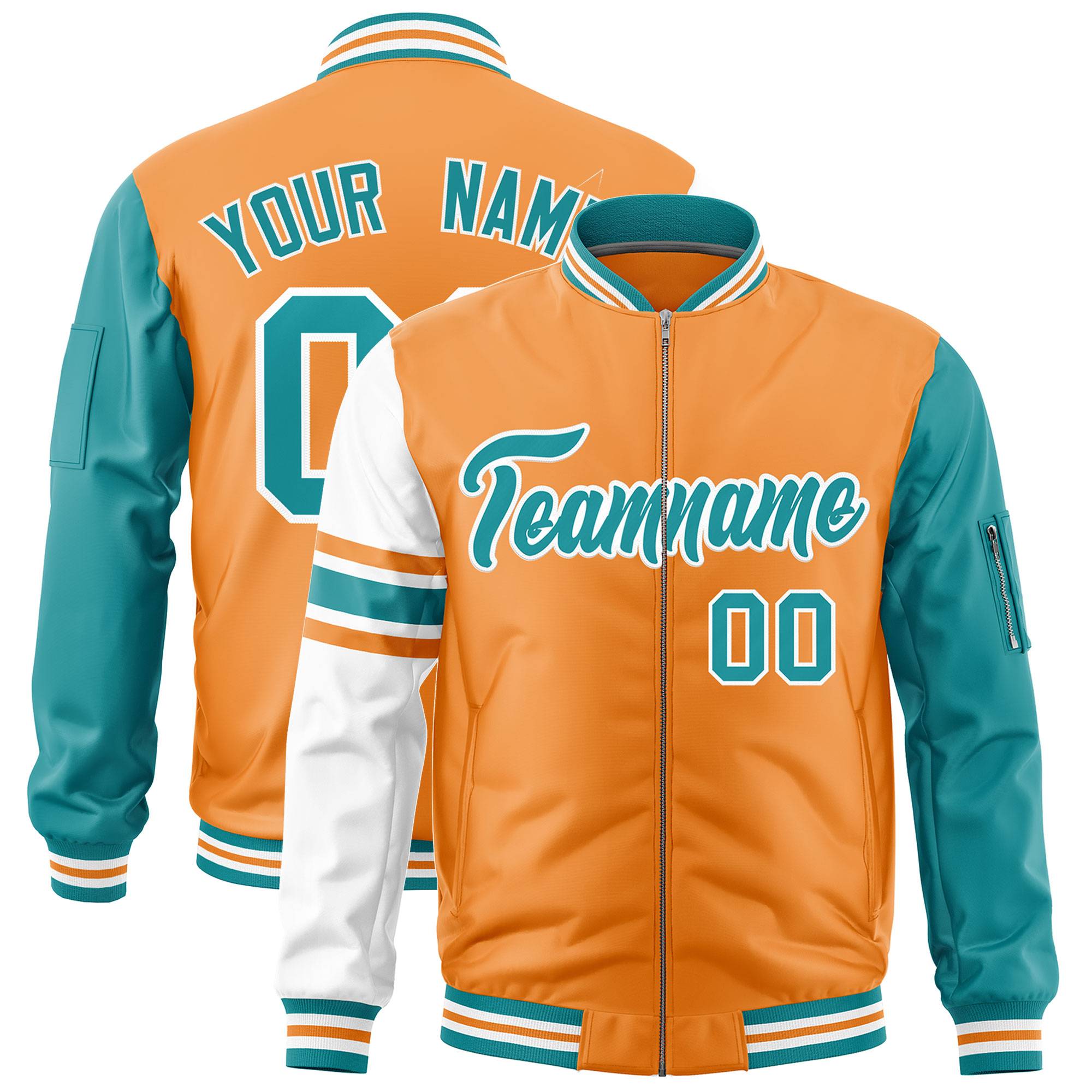 Custom Orange Aqua-White Varsity Full-Zip Raglan Sleeves Stripe Letterman Bomber Jacket