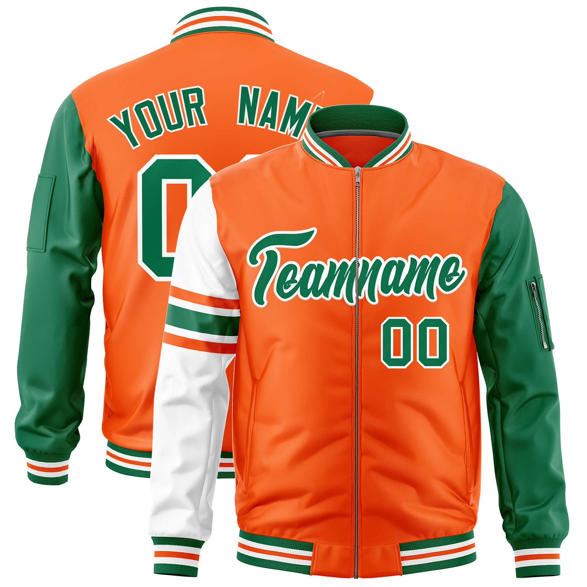 Custom Orange Kelly Green-White Varsity Full-Zip Raglan Sleeves Stripe Letterman Bomber Jacket