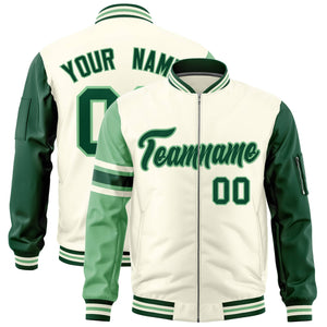 Custom Cream Green-Light Green Varsity Full-Zip Raglan Sleeves Stripe Letterman Bomber Jacket