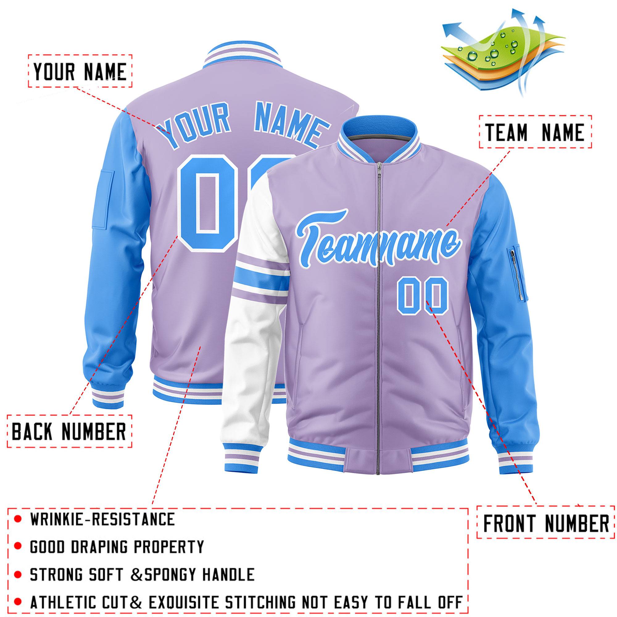 Custom Light Purple Powder Blue-White Varsity Full-Zip Raglan Sleeves Stripe Letterman Bomber Jacket