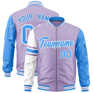 Custom Light Purple Powder Blue-White Varsity Full-Zip Raglan Sleeves Stripe Letterman Bomber Jacket