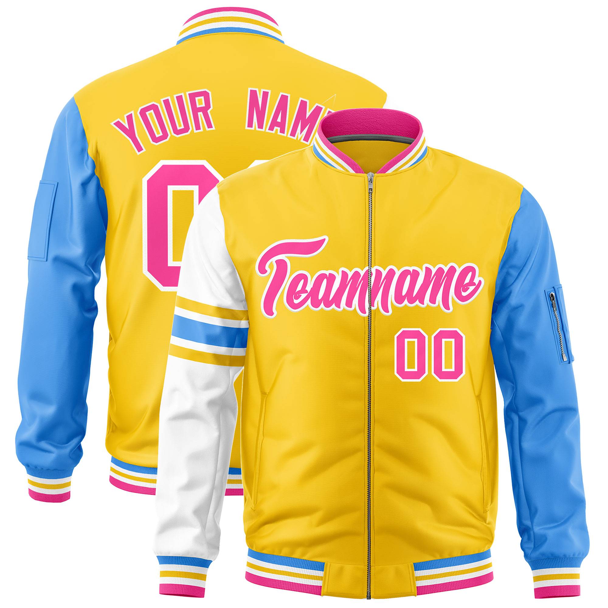 Custom Gold Powder Blue-White Varsity Full-Zip Raglan Sleeves Stripe Letterman Bomber Jacket