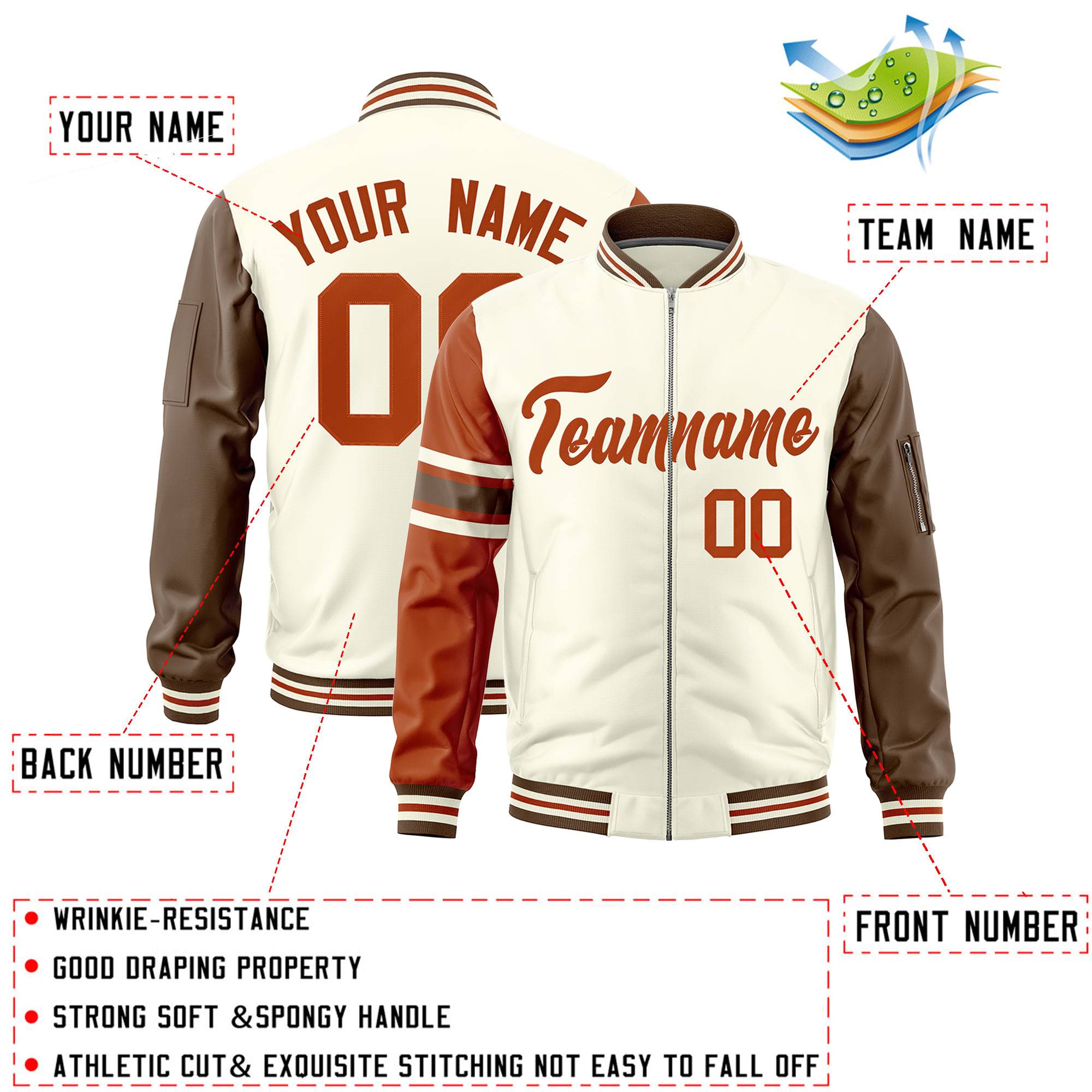 Custom Cream Texas Orange-Light Brown Varsity Full-Zip Raglan Sleeves Stripe Letterman Bomber Jacket