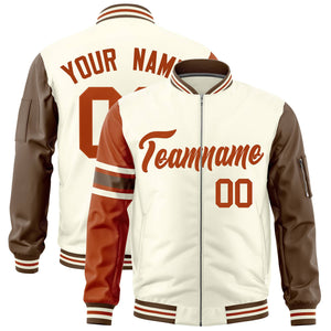 Custom Cream Texas Orange-Light Brown Varsity Full-Zip Raglan Sleeves Stripe Letterman Bomber Jacket