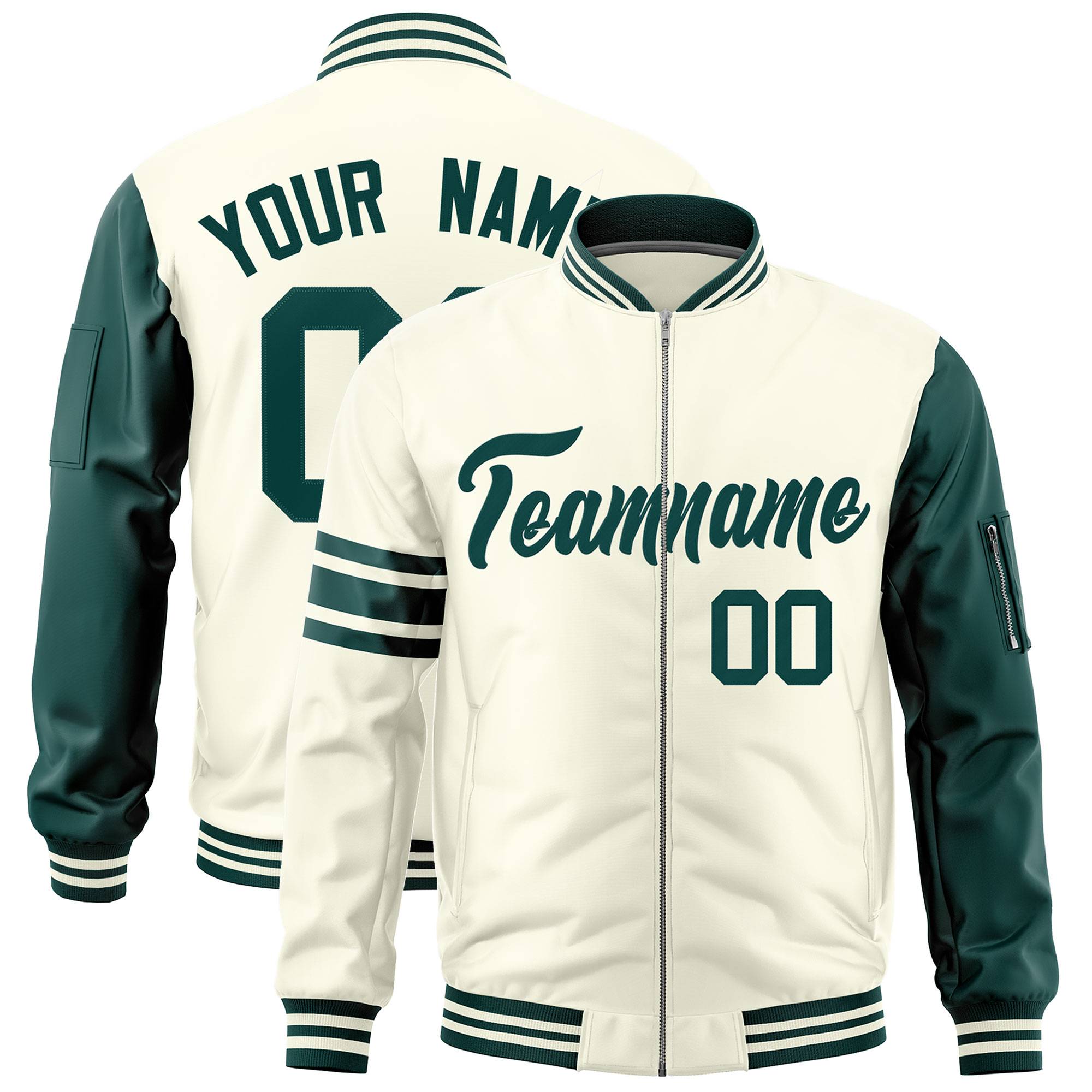 Custom Cream Midnight Green Varsity Full-Zip Raglan Sleeves Stripe Letterman Bomber Jacket