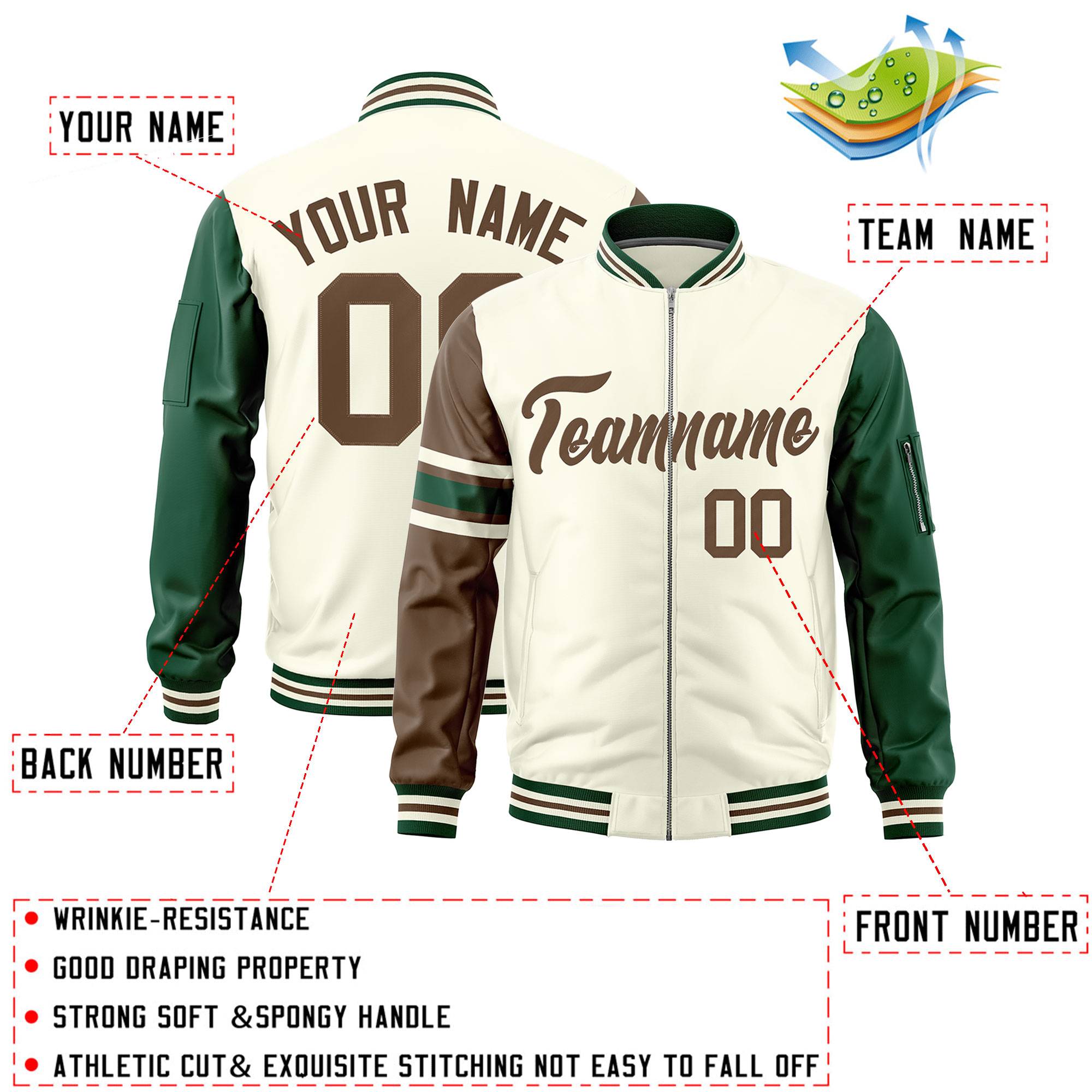 Custom Cream Light Brown-Green Varsity Full-Zip Raglan Sleeves Stripe Letterman Bomber Jacket