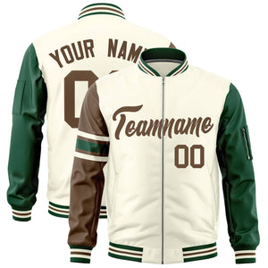 Custom Cream Light Brown-Green Varsity Full-Zip Raglan Sleeves Stripe Letterman Bomber Jacket