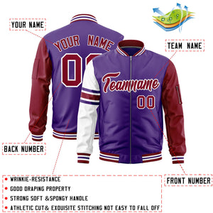 Custom Purple Crimson-White Varsity Full-Zip Raglan Sleeves Stripe Letterman Bomber Jacket