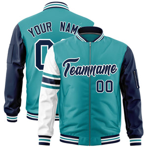 Custom Aqua Navy-White Varsity Full-Zip Raglan Sleeves Stripe Letterman Bomber Jacket