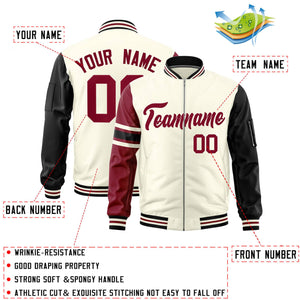 Custom Cream Crimson-Black Varsity Full-Zip Raglan Sleeves Stripe Letterman Bomber Jacket