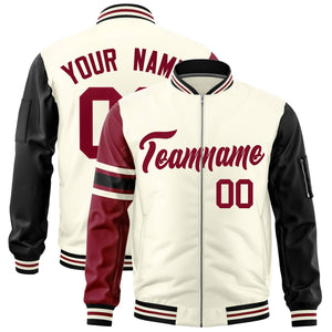 Custom Cream Crimson-Black Varsity Full-Zip Raglan Sleeves Stripe Letterman Bomber Jacket