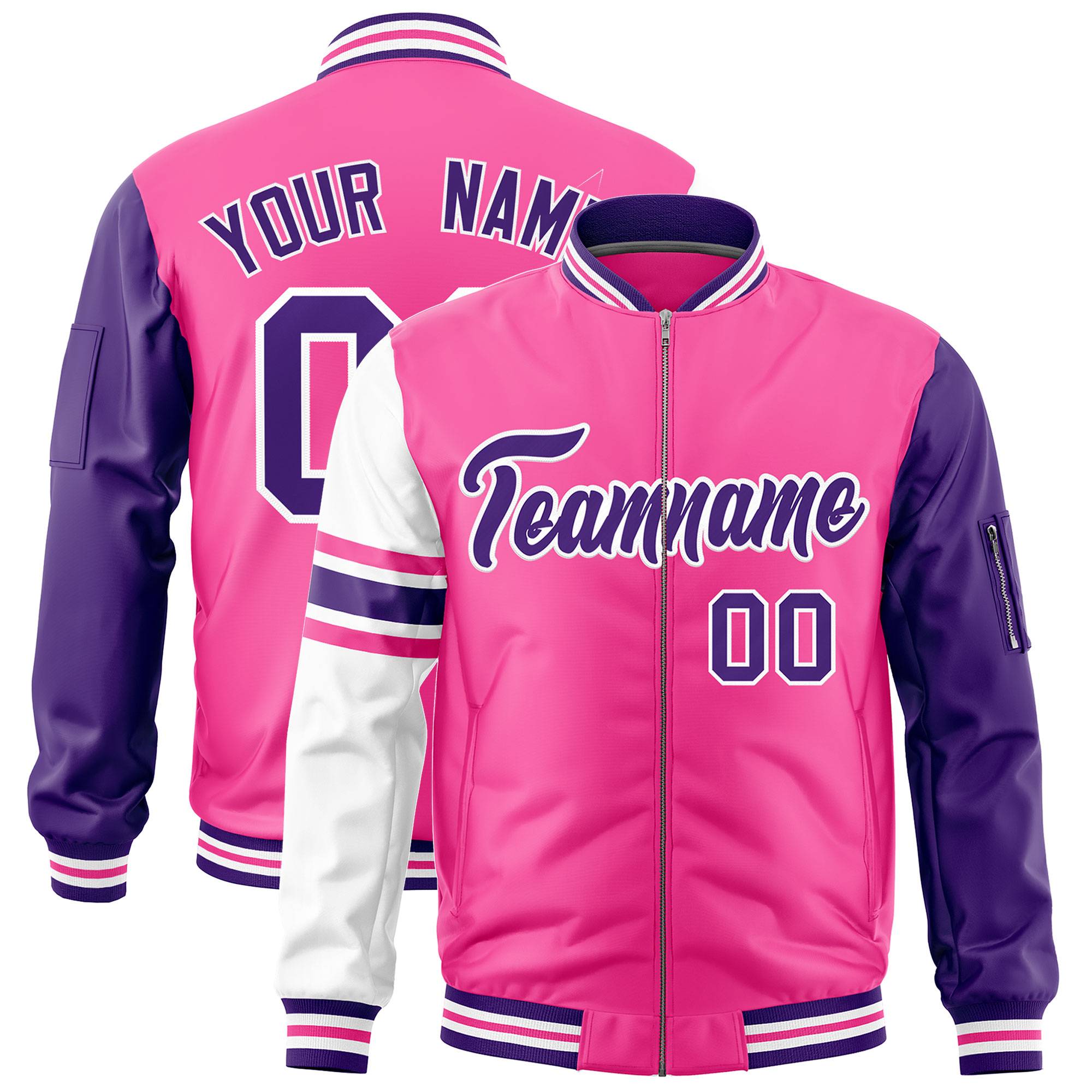 Custom Pink Purple-White Varsity Full-Zip Raglan Sleeves Stripe Letterman Bomber Jacket