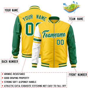 Custom Gold Kelly Green-White Varsity Full-Zip Raglan Sleeves Stripe Letterman Bomber Jacket