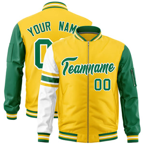 Custom Gold Kelly Green-White Varsity Full-Zip Raglan Sleeves Stripe Letterman Bomber Jacket