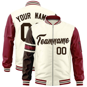 Custom Cream Brown-Crimson Varsity Full-Zip Raglan Sleeves Stripe Letterman Bomber Jacket