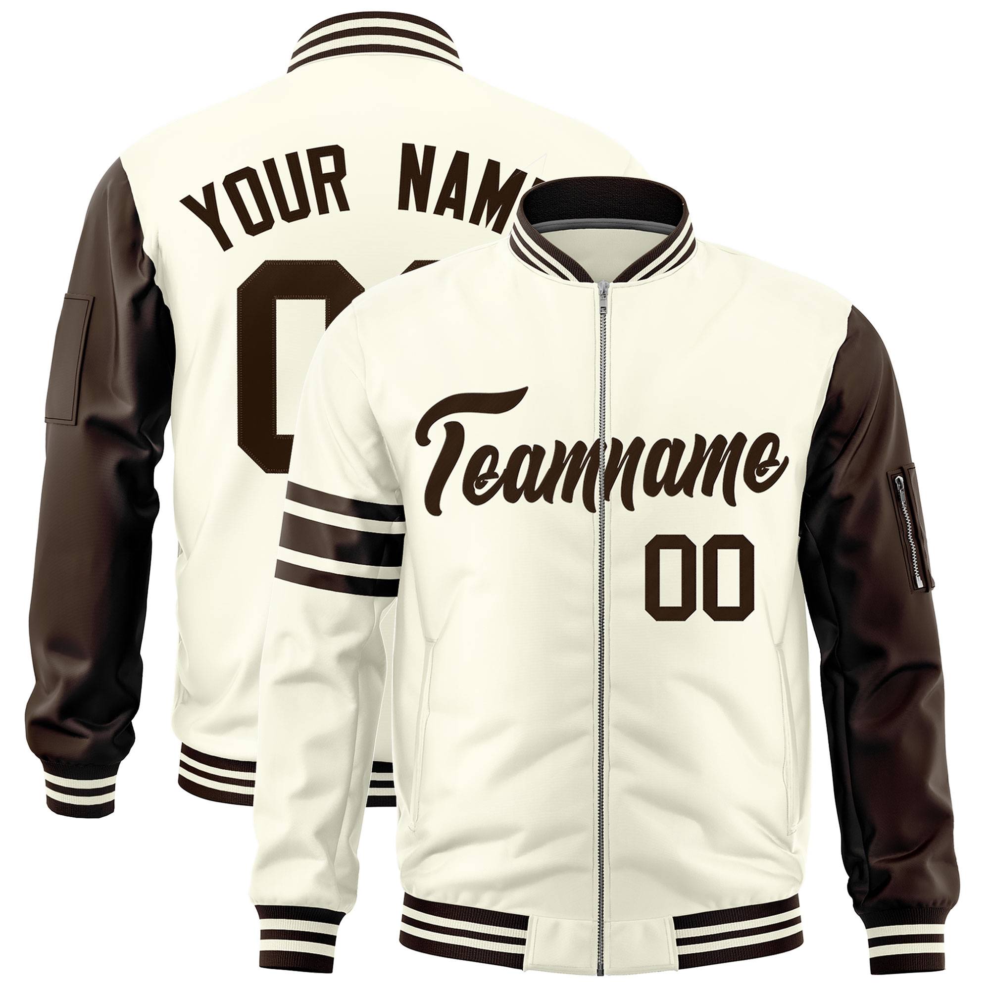 Custom Cream Brown Varsity Full-Zip Raglan Sleeves Stripe Letterman Bomber Jacket