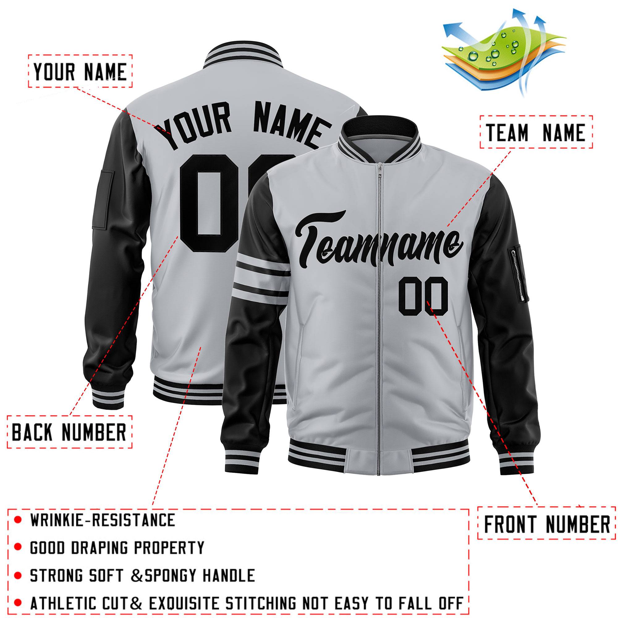 Custom Silver Black Varsity Full-Zip Raglan Sleeves Stripe Letterman Bomber Jacket