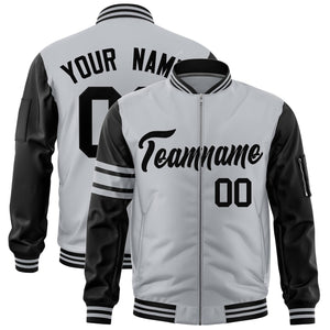 Custom Silver Black Varsity Full-Zip Raglan Sleeves Stripe Letterman Bomber Jacket