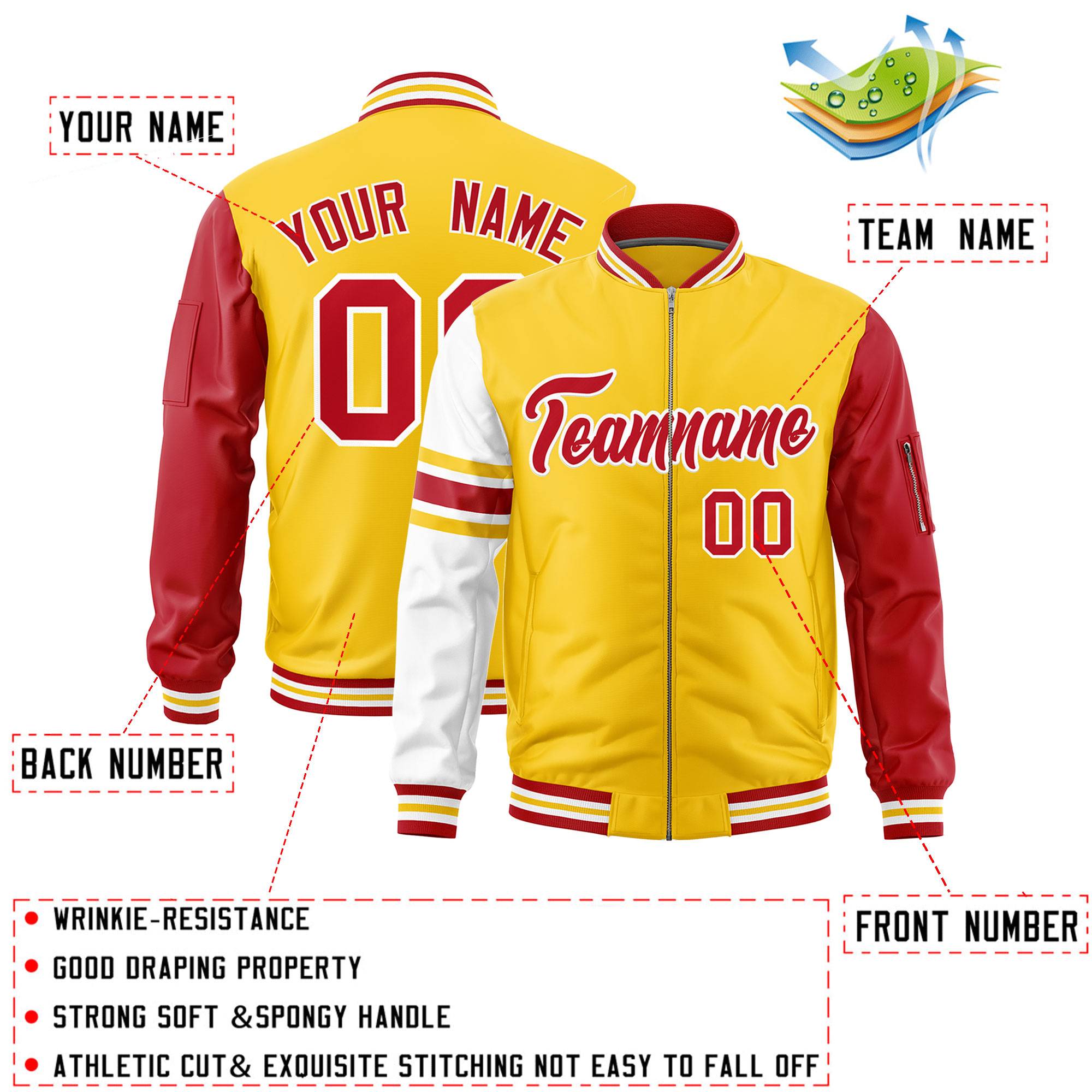 Custom Gold Red-White Varsity Full-Zip Raglan Sleeves Stripe Letterman Bomber Jacket