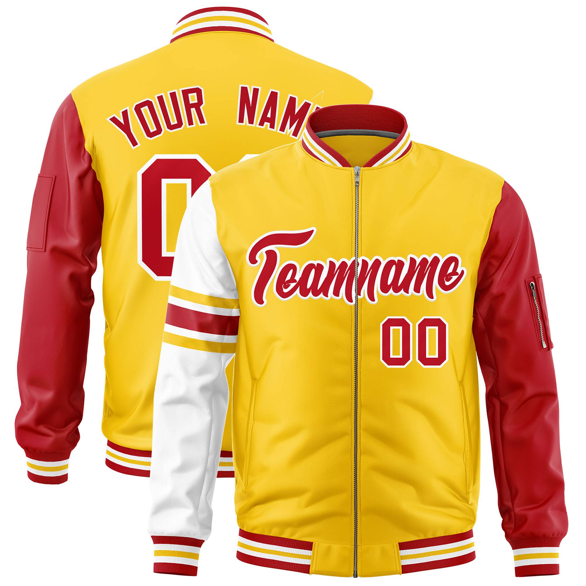 Custom Gold Red-White Varsity Full-Zip Raglan Sleeves Stripe Letterman Bomber Jacket