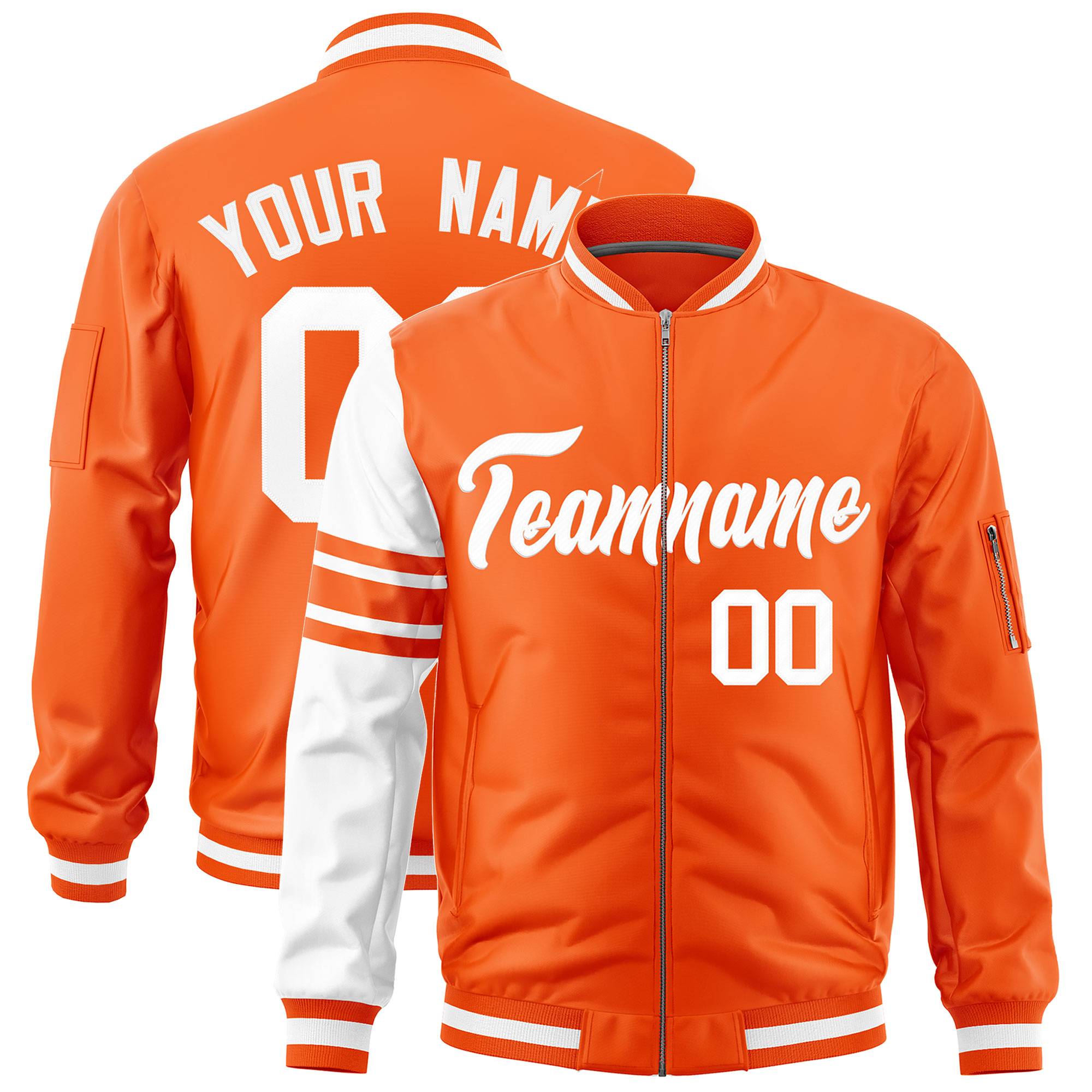 Custom Orange White Varsity Full-Zip Raglan Sleeves Stripe Letterman Bomber Jacket