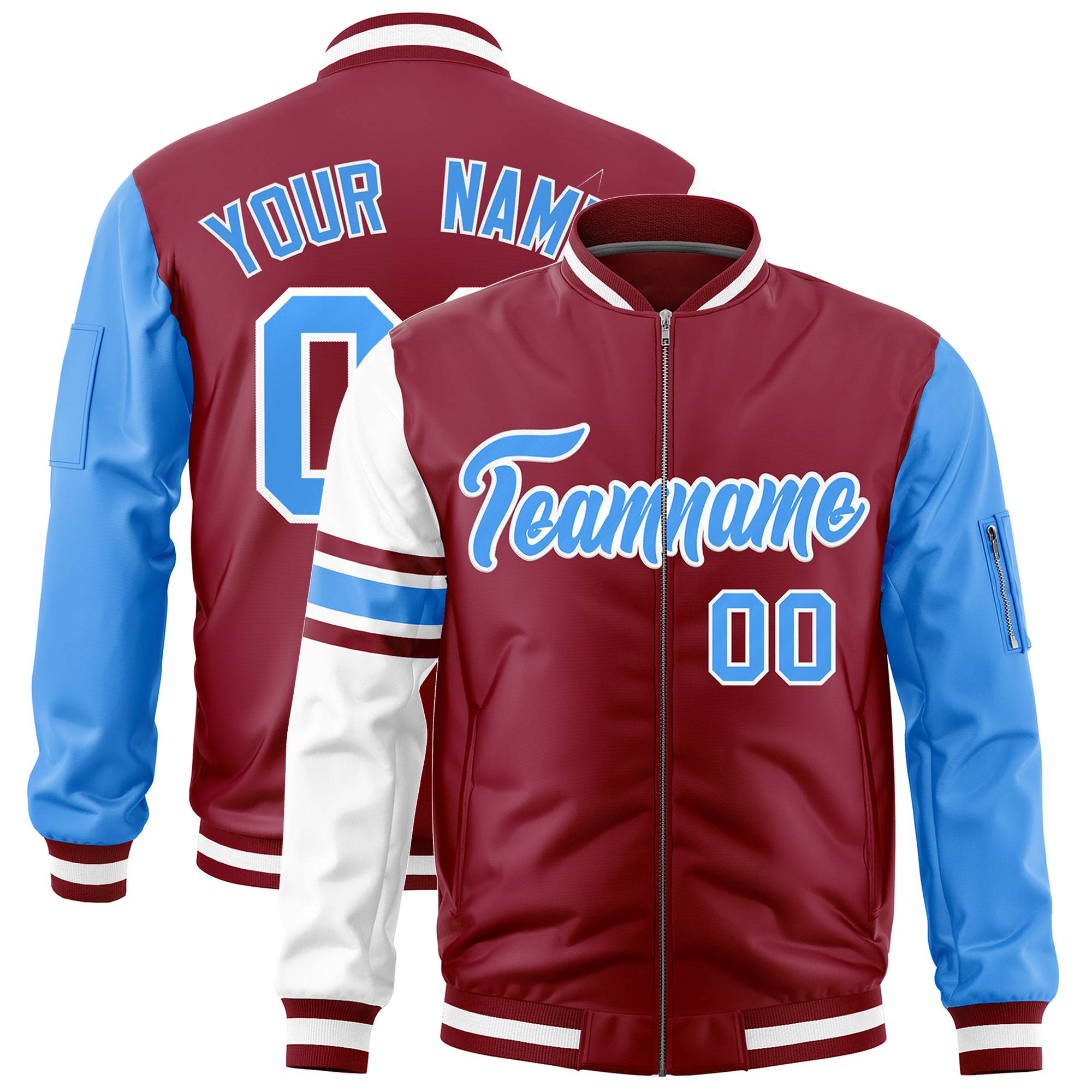 Custom Crimson Powder Blue-White Varsity Full-Zip Raglan Sleeves Stripe Letterman Bomber Jacket