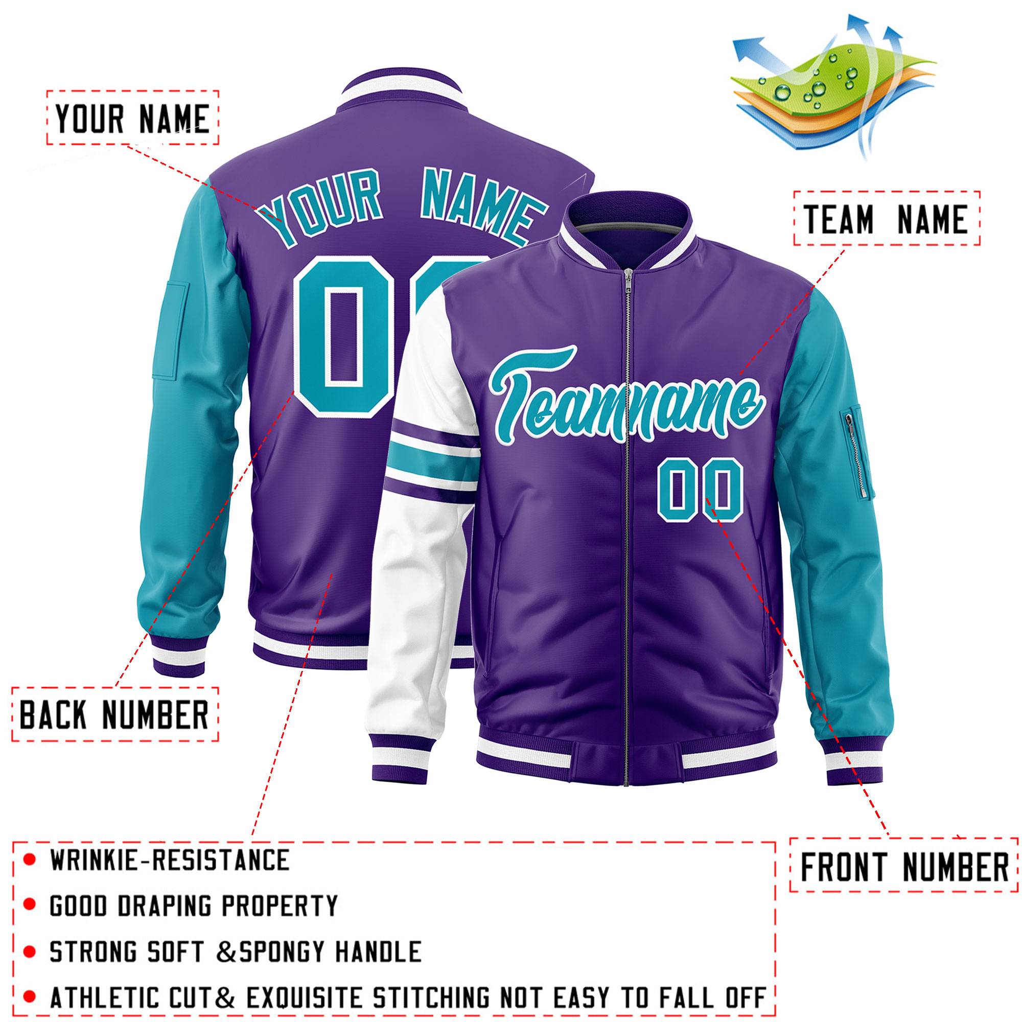 Custom Purple Aqua-White Varsity Full-Zip Raglan Sleeves Stripe Letterman Bomber Jacket