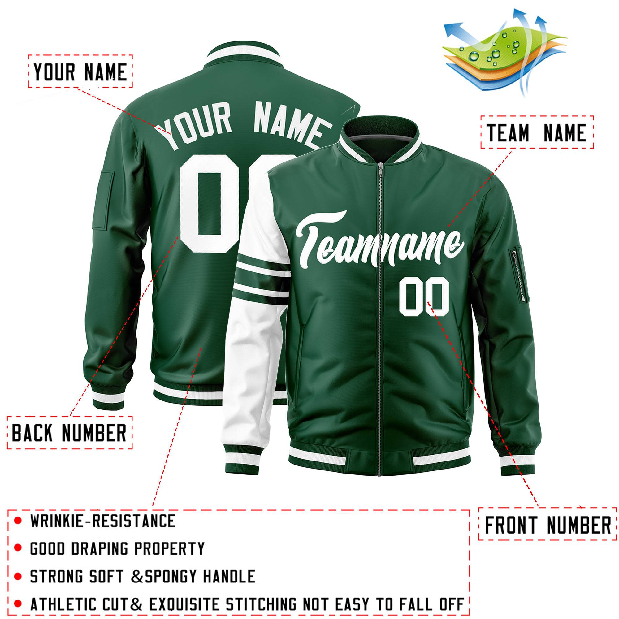 Custom Green White Varsity Full-Zip Raglan Sleeves Stripe Letterman Bomber Jacket