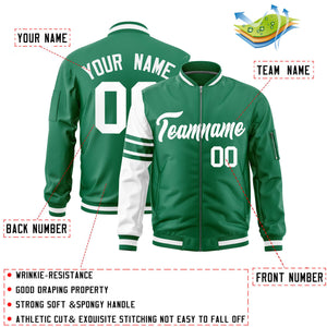 Custom Kelly Green White Varsity Full-Zip Raglan Sleeves Stripe Letterman Bomber Jacket