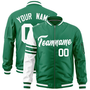 Custom Kelly Green White Varsity Full-Zip Raglan Sleeves Stripe Letterman Bomber Jacket