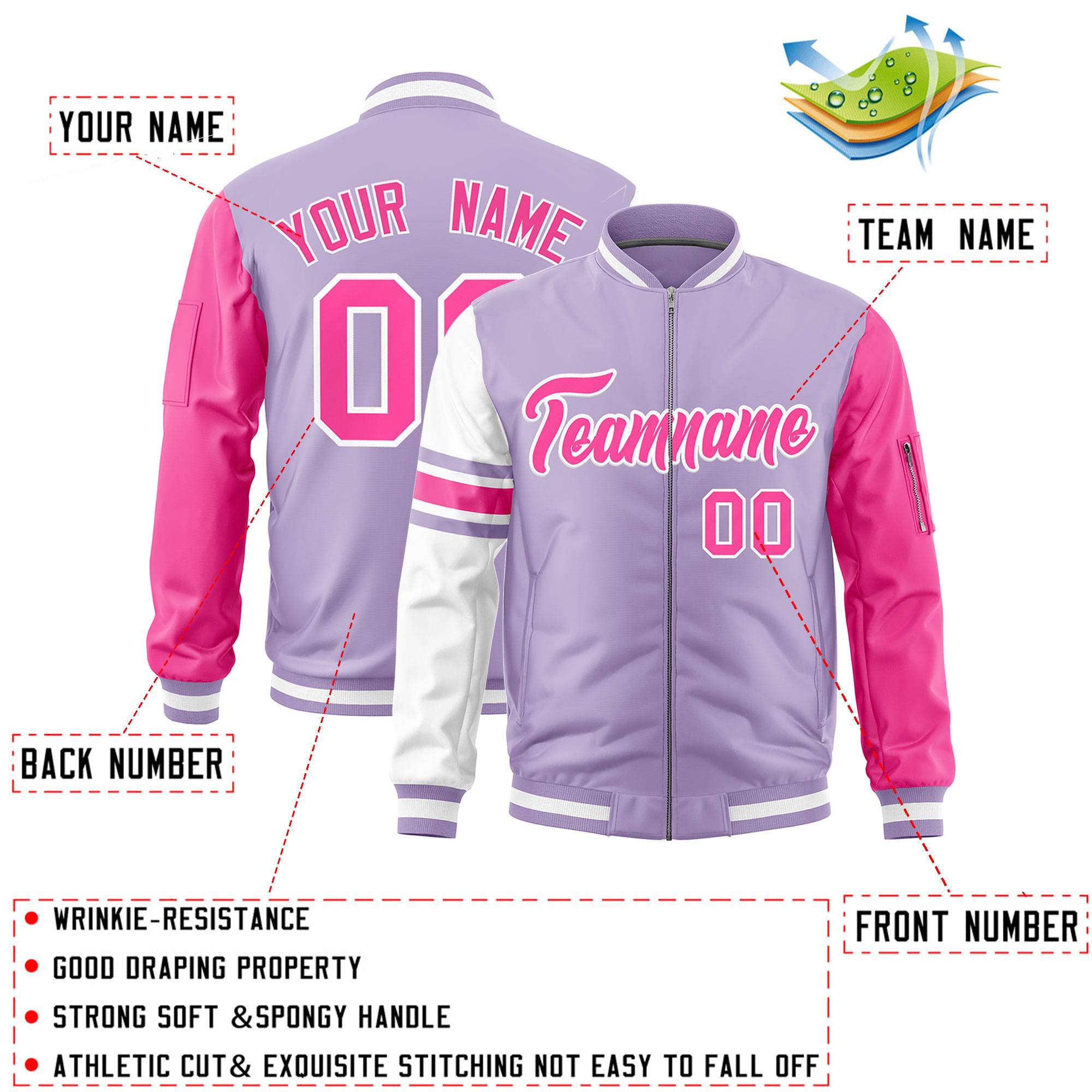 Custom Light Purple Pink-White Varsity Full-Zip Raglan Sleeves Stripe Letterman Bomber Jacket